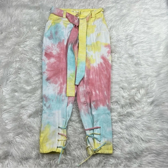 New LOVESHACKFANCY Tao Pant Rainbow Radial Tie Dye NWT Denim Casual Women’s 6 - Picture 2 of 13